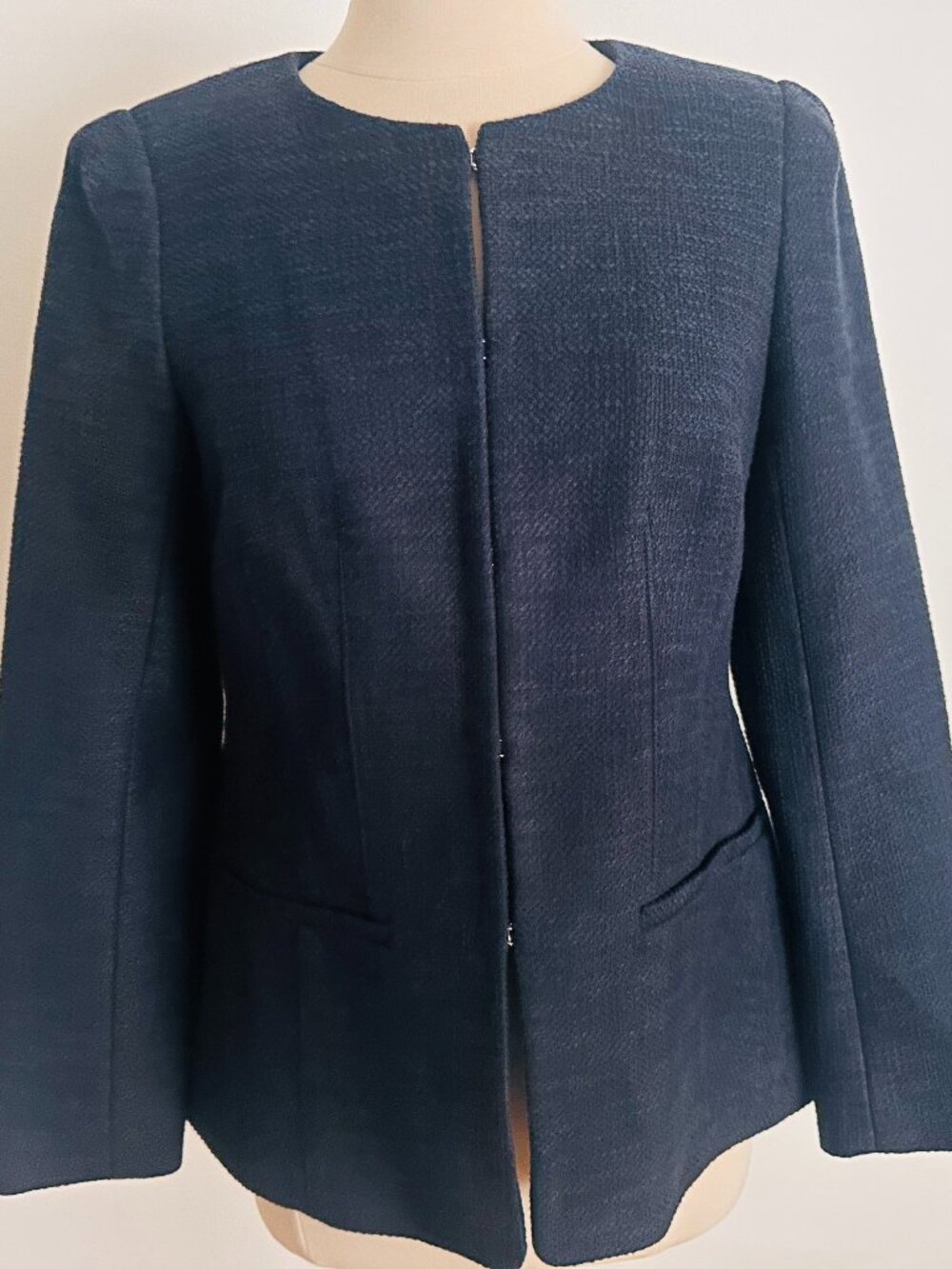 Club Monaco Classic Navy Blue Collarless Tweed Blazer Jacket Size 4